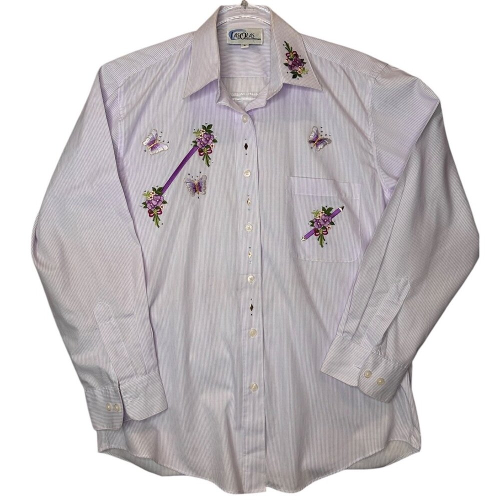 Vintage Las Olas Embroidered Butterfly & Floral Striped Button-Up Shirt Small Pu